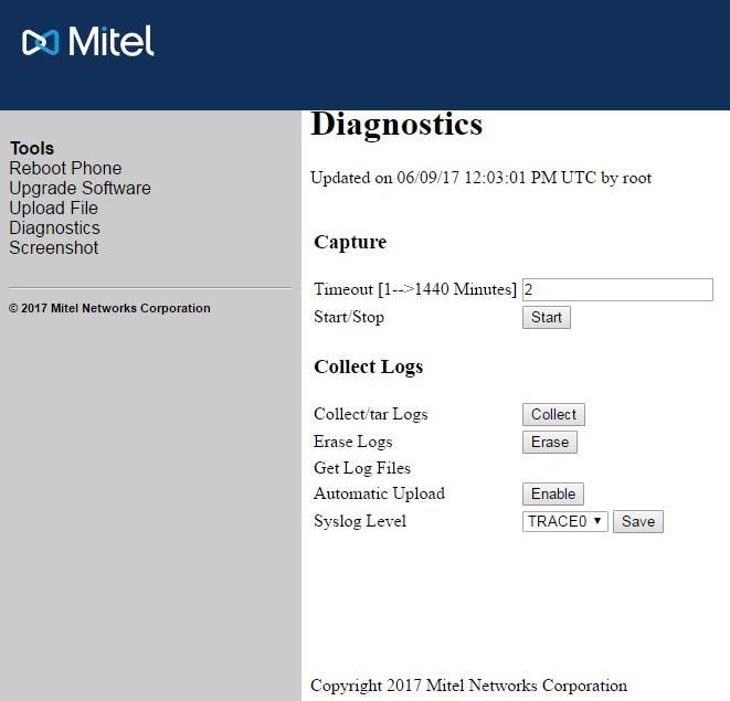 Mitel MiVoice 6930 IP Phone Benutzerhandbuch 3. Klicken Sie auf Diagnose. 4. Klicken Sie neben dem Eintrag Protokolldateien abrufen auf den Link Protokolldateien herunterladen. 5.
