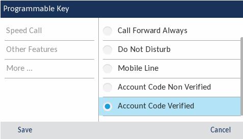 Mitel MiVoice 6930 IP Phone Benutzerhandbuch 5. Navigieren Sie mit der unteren Navigationstaste zum Eintrag Kontocode verifiziert. 6. Wenn der Eintrag Kontocode verifiziert markiert ist, betätigen Sie den Softkey Speichern.