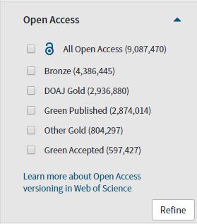 Analyse von Open Access Inhalten im Web of Science 16 Filtermöglichkeit nach Open Access Gesamt und