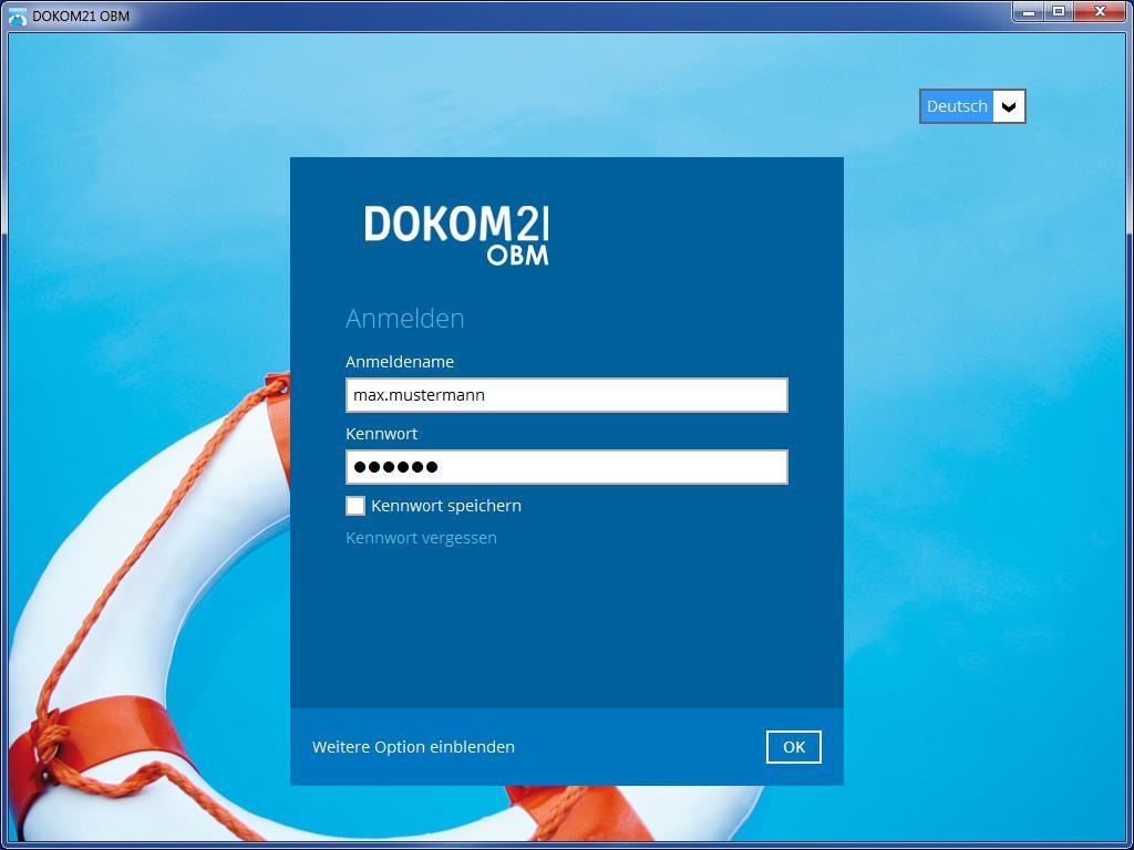 Danach öffnet sich die Anmeldemaske des DOKOM21 Online Backup Managers.