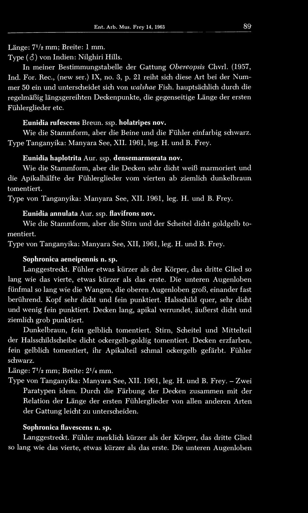 Fühlerglieder etc. Eunidia rufescens Breun, ssp. holatripes nov. Wie die Stammform, aber die Beine und die Fühler einfarbig schwarz. Type Tanganyika: Manyara See, XII. 1961, leg. H. und B. Frey.