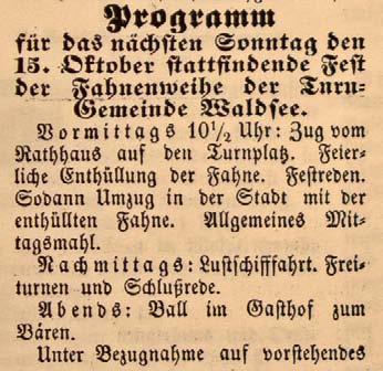 gemeinschaftlichen Beschluß, zur Verfolgung turnerischer Zwecke einen Verein unter dem Namen Turngemeinde Waldsee zu gründen. Die Turngemeinde 1848 Bad Waldsee e.v.