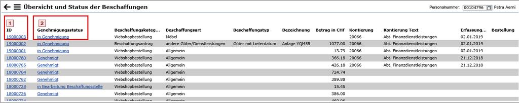 1.2 Übersicht und Status Beschaffungen Unter «Übersicht und Status Beschaffungen» findet der Mitarbeitende alle seine offenen und abgeschlossenen Bestellungen, die er entweder über den -