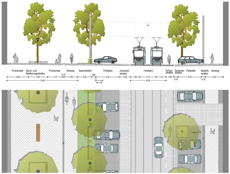 Ausgewählte neue Beispiele Platz für Nahmobilität und städtebauliche Gestaltung, gemeinsame Fahrstreifennutzung von Auto