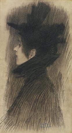 OF A YOUNG LADY WITH HAT AND CAPE IN PROFILE FROM THE LEFT Kohle, schwarze