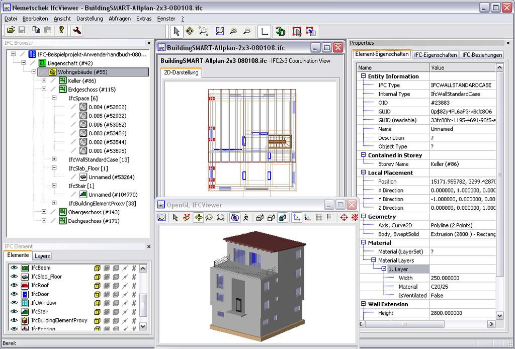 Abbildung 9: Exportiertes Allplan IFC-File im Nemetschek IFC Viewer Auf diese Weise können die geometrische Repräsentation des Gebäudes, die Gebäudestruktur sowie die zusätzlichen semantischen
