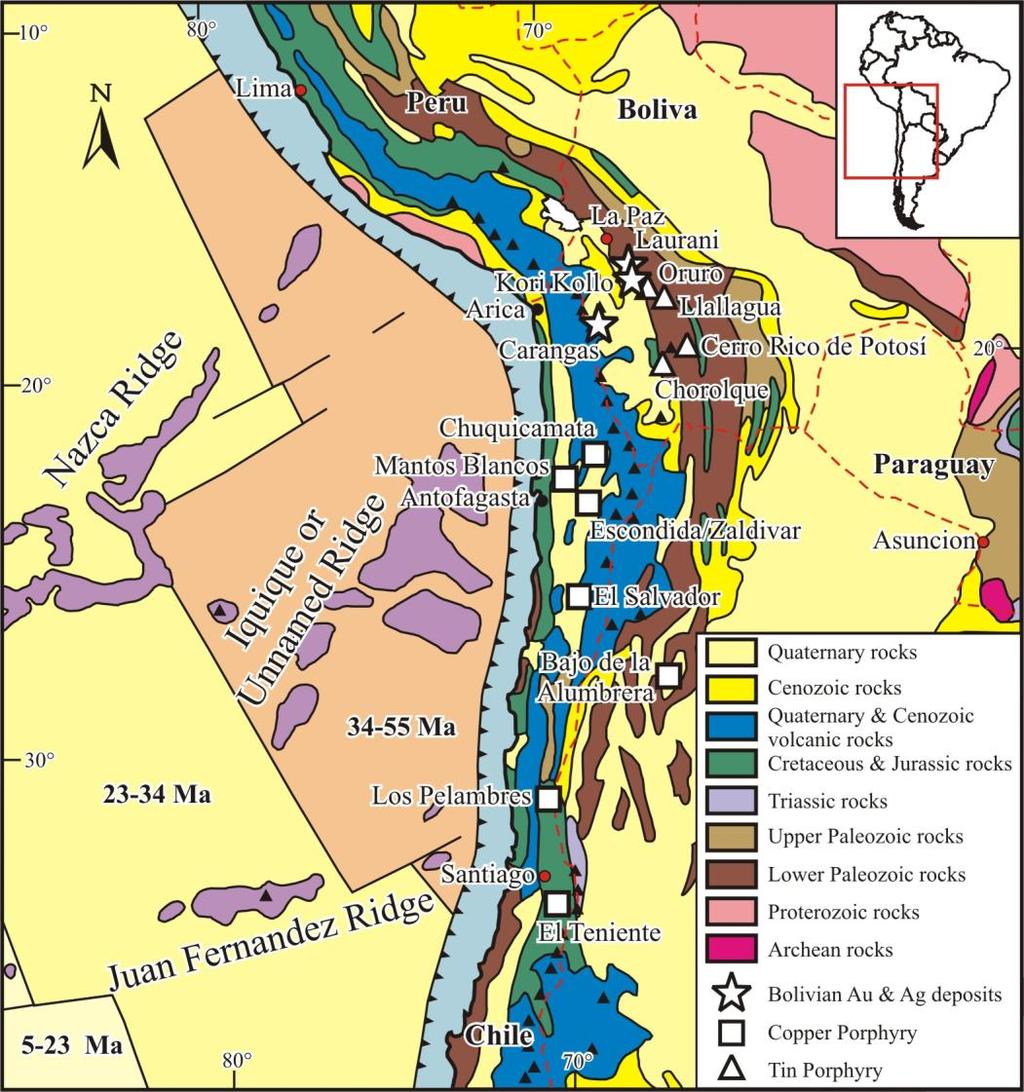 14 Abb. 2.3: Geologische Übersichtskarte der zentralen Anden und der Nazca-Platte mit den untersuchten bzw. im Text erwähnten Lagerstätten.