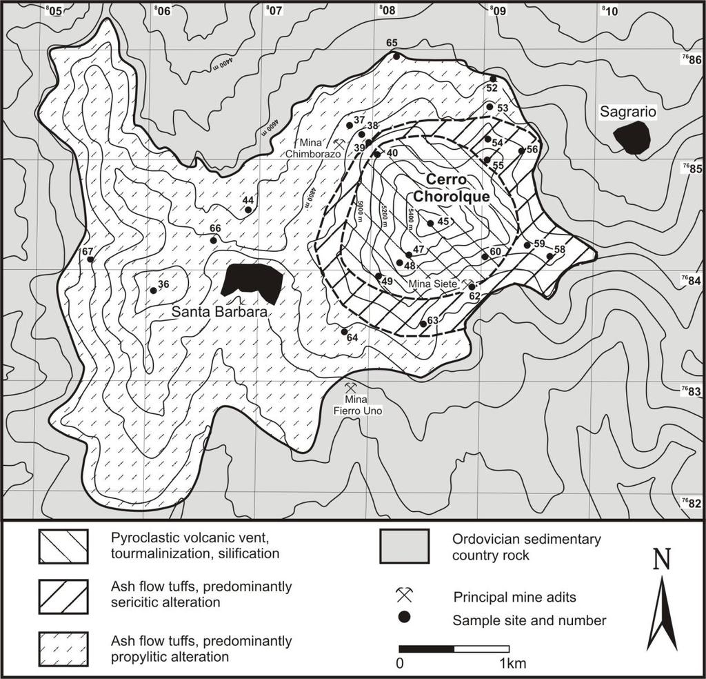 30 Abb. 2.11: Geologische Karte der tin porphyry-lagerstätte Chorolque und Lage der übertägigen Probenahmepunkte nach Dietrich (1999).