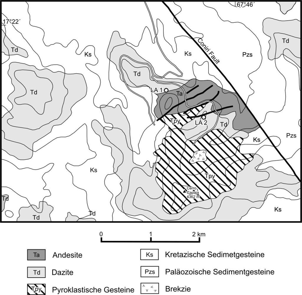 36 Flach einfallende Kontakte zwischen Dazit und den paläozoischen und kretazischen Sedimentgesteinen lassen darauf schließen, dass es sich bei den dazitischen Gesteinen um einen Lavastrom handelt.