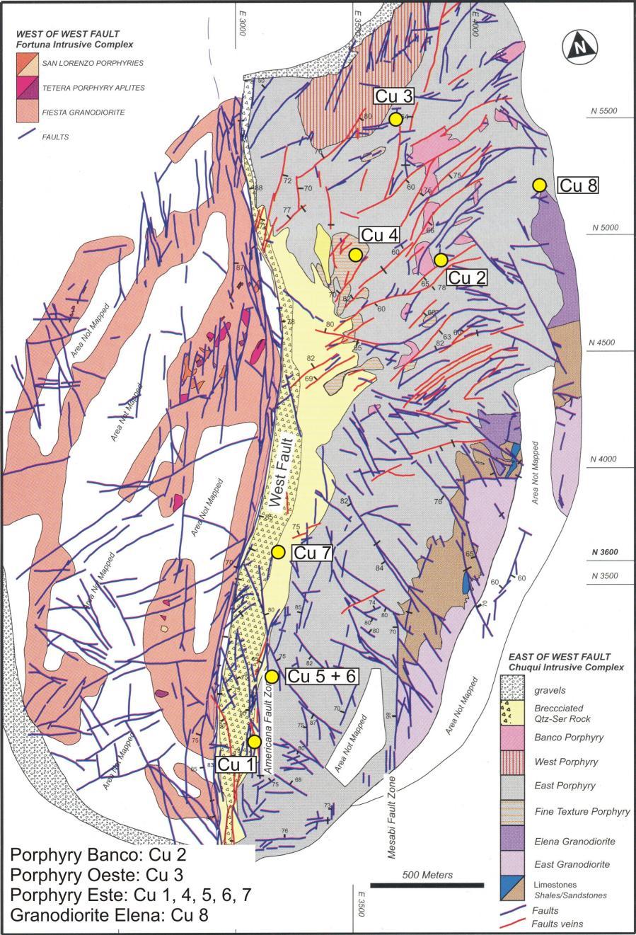 45 Abb. 2.22: Geologische Übersichtskarte und Lage der Probepunkte im Tagebau Chuquicamata (Ossandón et al. 2001; Dietrich 1999).