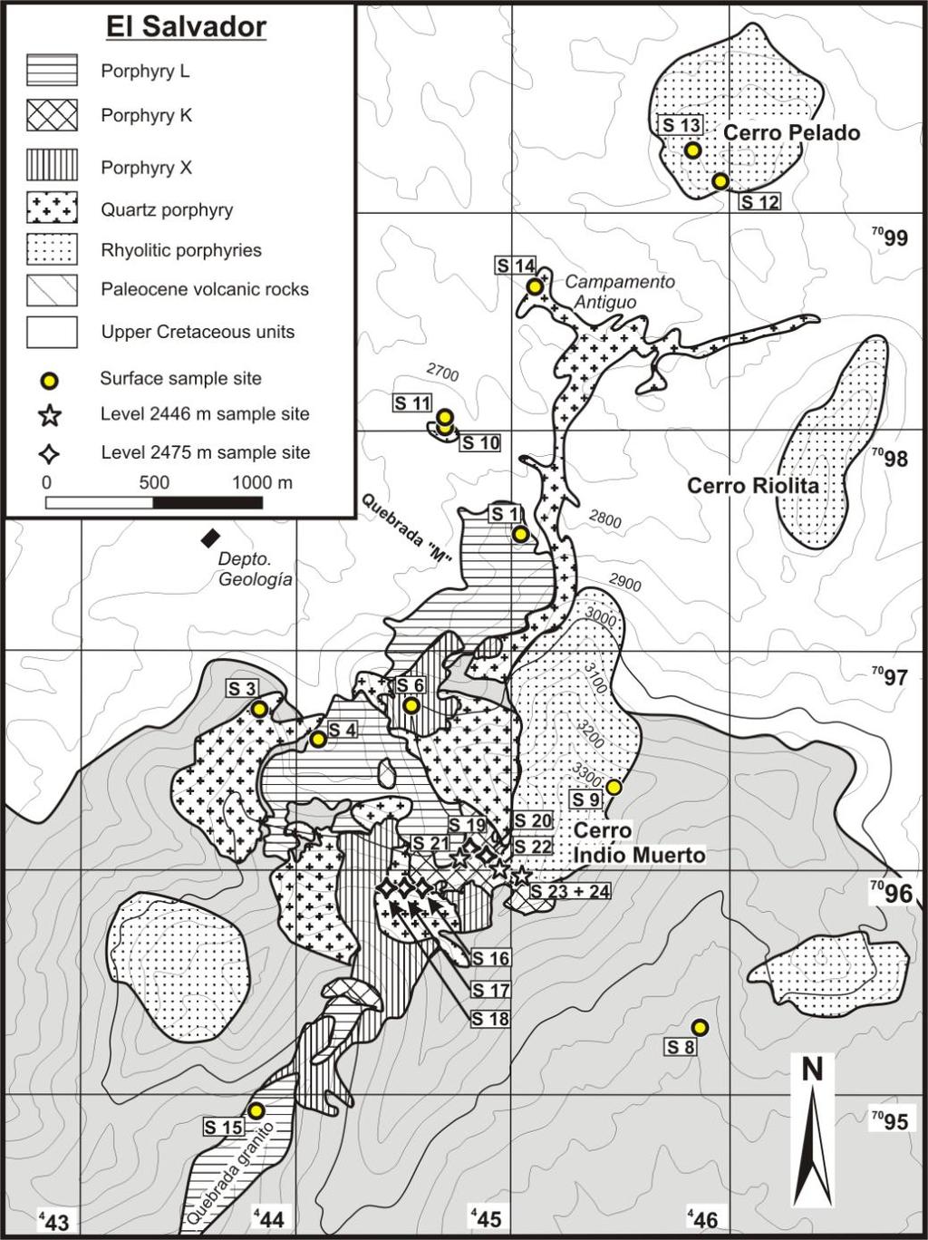 48 Abb. 2.23: Geologische Karte der copper porphyry-lagerstätte El Salvador.