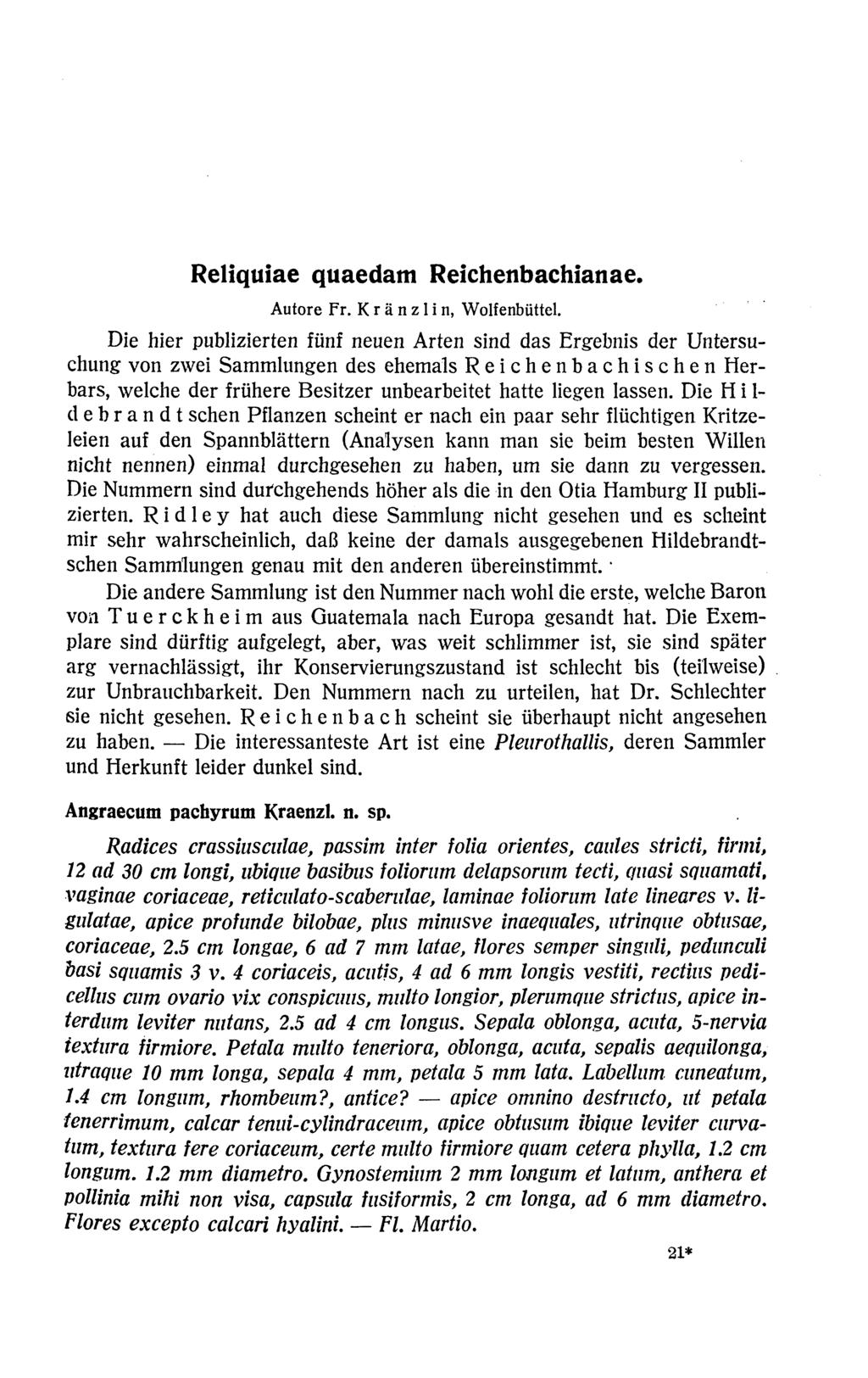 Reliquiae quaedam Reichenbachianae. Autore Fr. K r ä n z 1 i n, Wolfenbüttel.