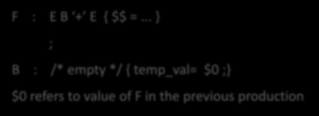 Stack-Indizierung Yacc/Bison (neu) $i ist auch für i 0 defiert bezieht sich auf Wertekellerpositionen bevor die aktuelle Regel zur Anwendung gekommen ist ACHTUNG: