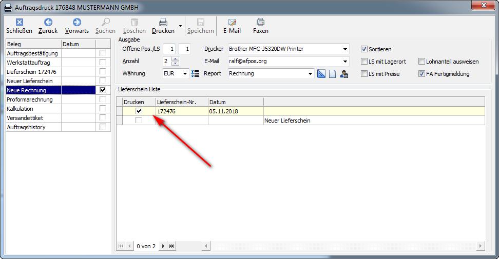 Neue Rechnung Wird der Beleg Rechnung ausgewählt, wird die Lieferscheinliste angezeigt.