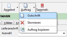 Gutschrift Über das Pulldown Menü unter Neuer Auftrag gibt es den Button Gutschrift erstellen Auftrag stornieren Wird ein Auftrag storniert bekommt er den Status Storniert Auftrag kopieren Möchte