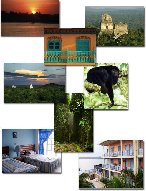 Die Shuttlebusse zum Tikal Nationalpark verkehren ab dem frühen Morgen und sind im Hotel buchbar. Der Inselort Flores ist der attraktivere Teil der Doppelgemeinde mit Santa Elena.
