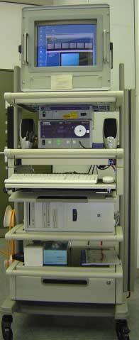 monitor (shows the window of the digital video recorder software) camera-controler (Storz) D-Light (Storz) spectrometer (OceanOptics) fiber spectrometer computer (with a video grabber card to save