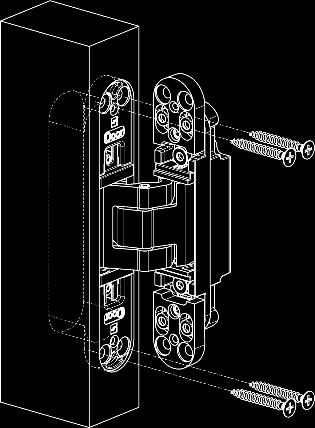 Die stufenlose 3D-Verstellung: Seite und Höhe +/- 3 mm, Andruck +/- 1 mm Verstellungen mit Innensechskant-Schlüssel 4 mm Infinitely variable 3D adjustment: Side and height +/- 3 mm, depth