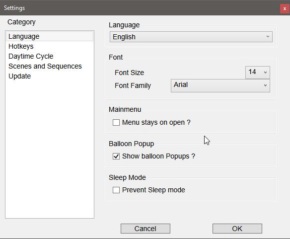 In the Setup Dialog you can define the following categories of features: Language Hotkeys Daytimecycle Scenes and Sequences Update Language (Deutsch,