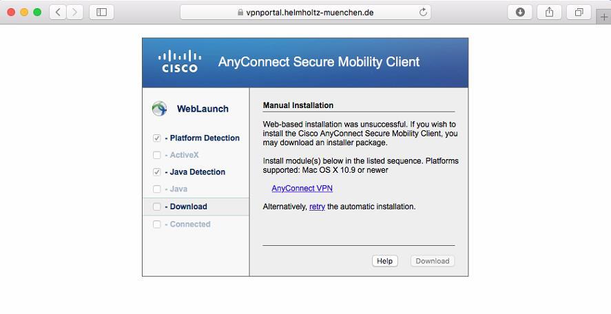 II. Cisco AnyConnect für MacOS Den Cisco AnyConnect VPN Client müssen Sie einmalig auf Ihrem System installieren.
