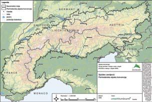 Karta območja veljavnosti Alpske konvencije Poselitev prebivalstva je v Alpah osredotočena na večje in prometno lahko dostopne doline (Aosta, Rona, Adiža, Inn, Valtellina) in kotline (Celovška