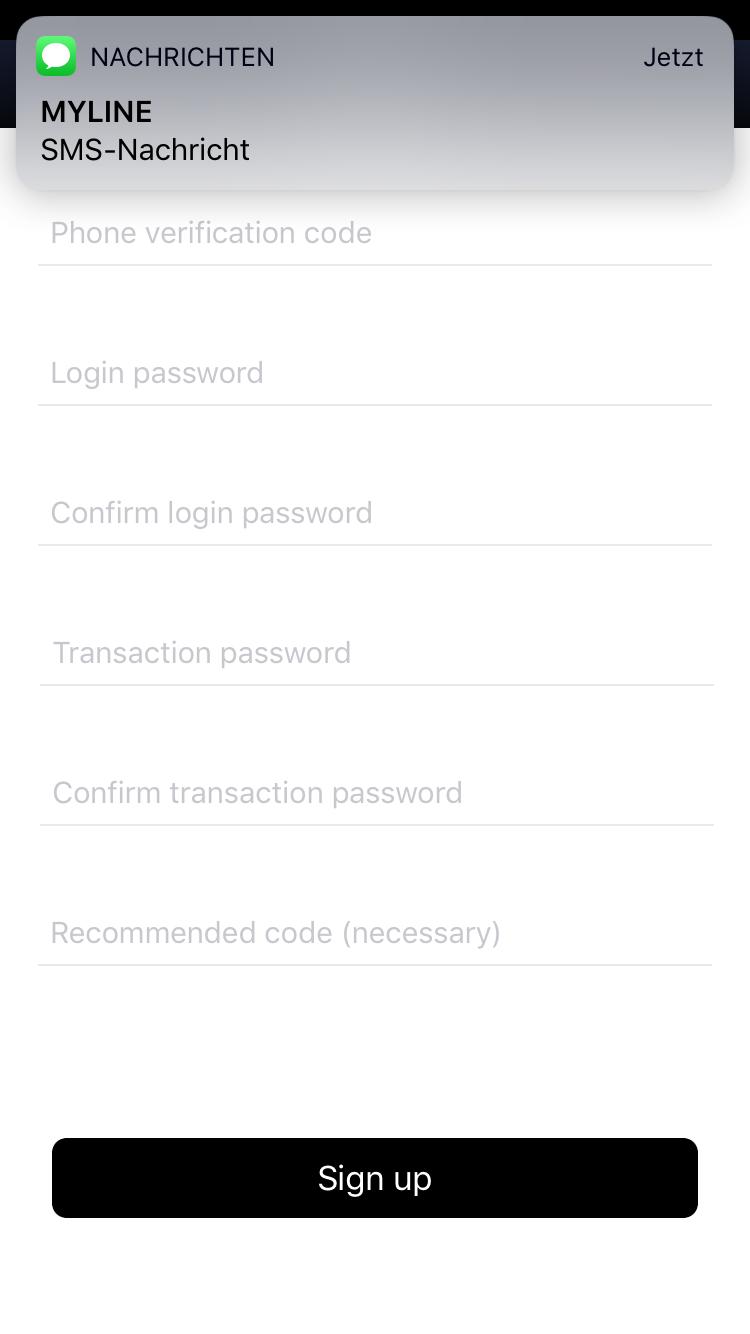 verificaton code im ersten freien Feld eingeben Login Password : Passwort für die Anmeldung in der App vergeben > Confirm login password : Passwort