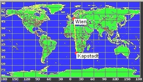 Paukert: Unsere Erde 37 #3.26 Schätze die Zeitdifferenz (0, 2, 4 h) und die Entfernung (4000, 12000, 20000 km) der zwei Orte Wien (48 N, 16 O) und Kapstadt (33 S, 18 O).