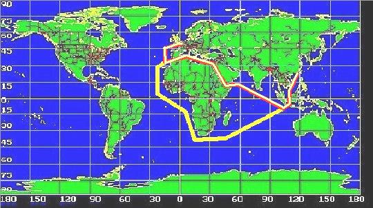 Paukert: Unsere Erde 40 #3.34 In der Grafik sind zwei Seewege von London nach Hongkong eingezeichnet. (1) Um Afrika herum (2) Durch das Mittelmeer #3.