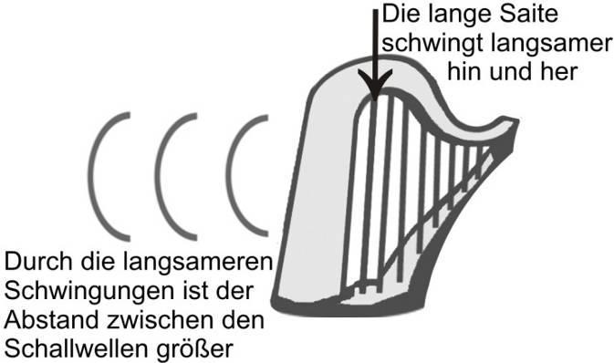Bei diesem Beispiel mit einer Harfe könnt ihr es erkennen: zupft man an der kurzen Saite, schwingt sie sehr schnell hin und her, und bei jeder Schwingung entsteht eine Schallwelle.