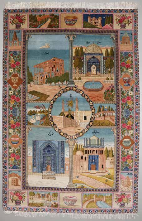 0394 Täbriz Aserbaidschan. Wolle. 294 x 191 cm. Bilderteppich mit Moscheen- und Architekturdarstellungen im Zentrum.