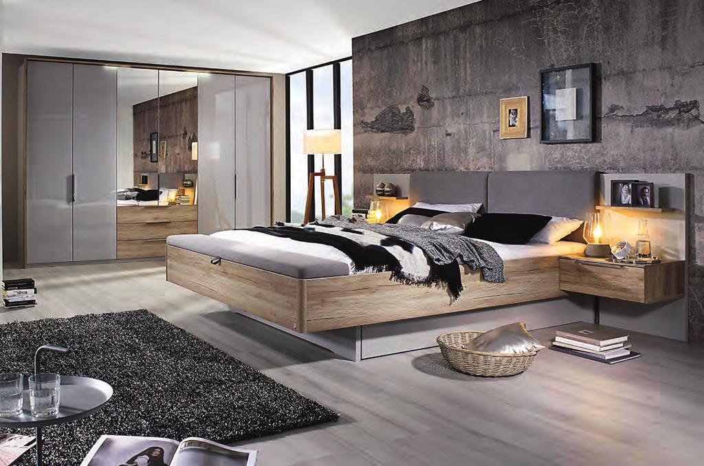 Schlafzimmer, Dekor Eiche Sanremo hell, Glas seidengrau, Webstoff light grey, best. aus: Bettanlage, Liegefläche ca.