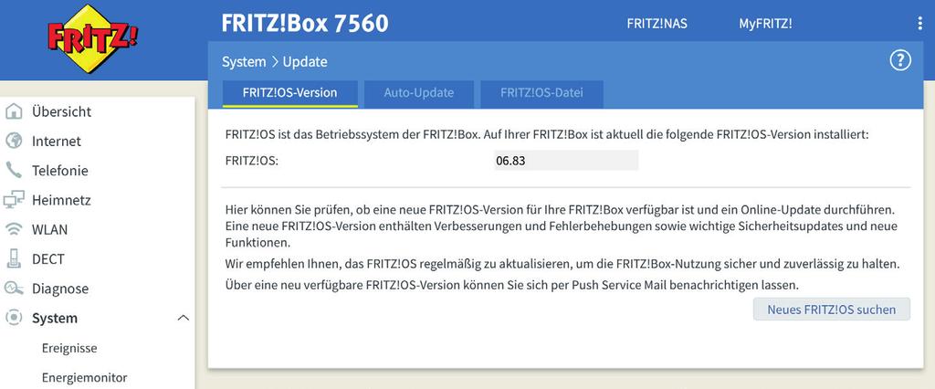 33 Bedienungsanleitung 6. Firmware Update (1) Klicken Sie auf System > Update. Klicken Sie anschließend auf Neues FRITZ!OS suchen.