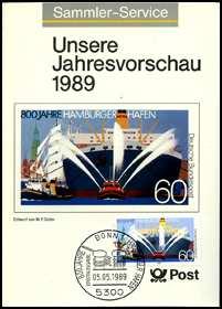 1989 - Jahresvorschau "800 Jahre Hamburg Hafen" beklebt mit Michel Nr. 1419, ESSt VS-GG 060 1,70 dito, SSt "800 Jhr. Hamb. Hafen" Rundstempel VS-GG 061 1,70 dito, SSt "800 Jhr.