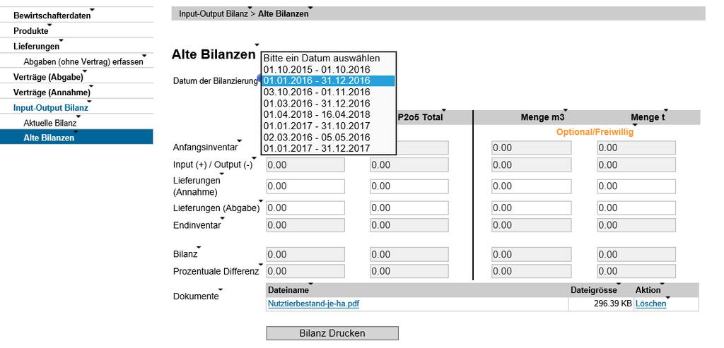 Speichern: Speichert die Bilanzierungsperiode. «Bilanz Drucken»: Die Daten der Bilanzierungsperiode werden als PDF ausgegeben.