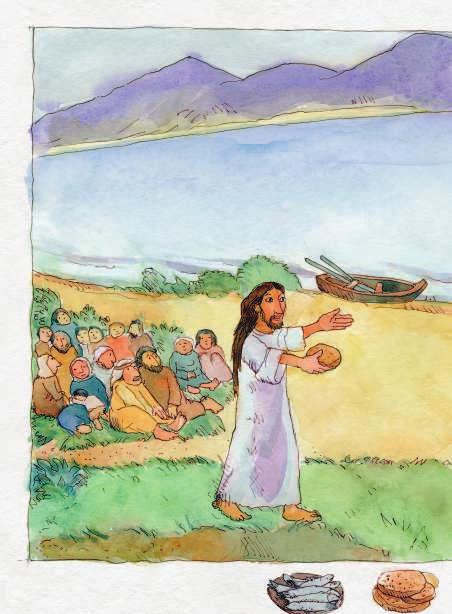 14 Jesus nimmt die Brote und die Fische, schaut zum Himmel und spricht