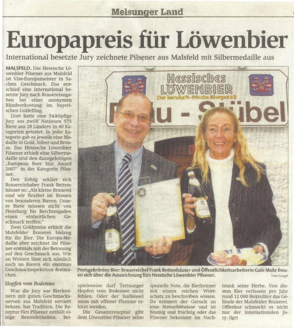 Melsunget Land Europapreis für Löwenbier International besetzte Jury zeichnete Pilsener aus Malsfeld mit Silbermedaille aus MALSFELD.