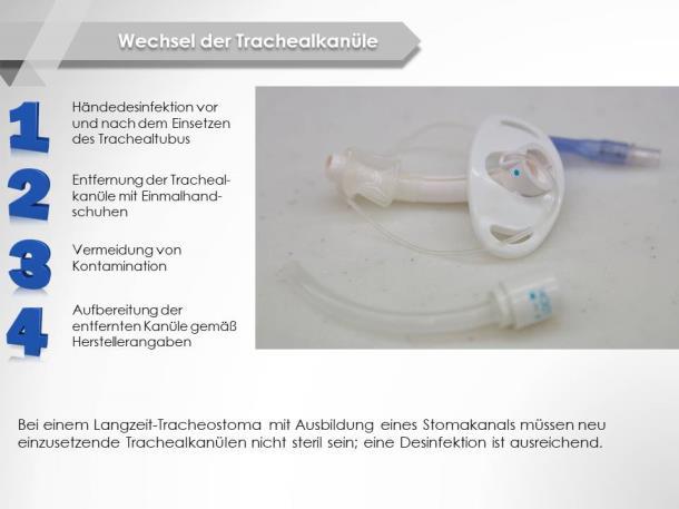 Tracheostoma ( < 2-4 Wochen nach Anlage ) muss die neue sterile Kanüle unter aseptischen Bedingungen eingesetzt werden.