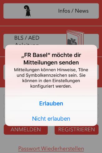 2.1 Zugriffsberechtigungen Noch vor der eigentlichen Registrierung erscheinen zwei Meldungen: a) FR Basel möchte Mitteilungen senden.