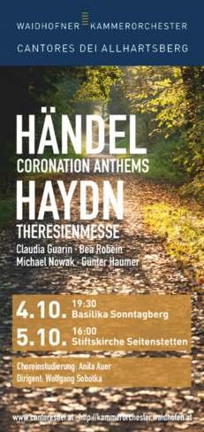 Händel, sowie Joseph Haydns jauchzend heitere Theresienmesse. Anlässlich der Krönung Georg II und seiner Frau Caroline im Jahr 1727 in der Westminster Abbey komponierte G. F. Händel eine ergreifende, aus vier Teilen bestehende Festmusik.