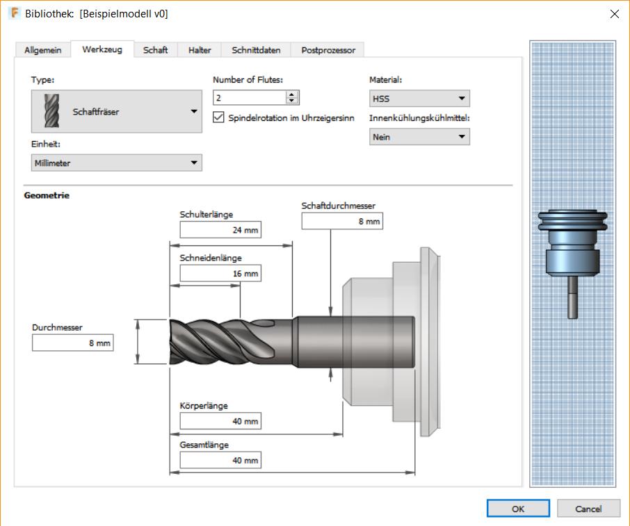 In der Registereinheit Werkzeug wird die Geometrie des Werkzeugs und den daraus abgeleiteten Eigenschaften erstellt.