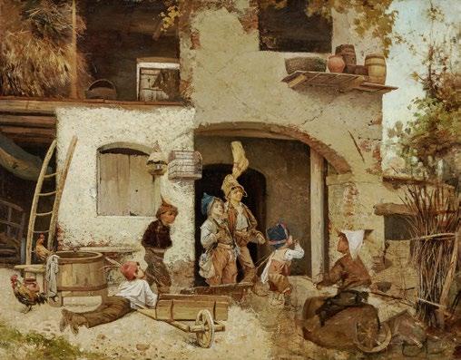418 312638 / 42032-21 Italien (Domenico Induno, 1815 Mailand 1878 ebenda?) 19. Jh. Spielende Knaben vor dem Bauernhaus Öl auf Lwd. 81,5 106 cm.