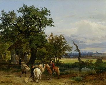 325 307162 / 41125-6 Franz Reinhold 1816 Wien 1893 ebenda Landschaft mit Reiter Knechte beladen ein Pferd mit Säcken.