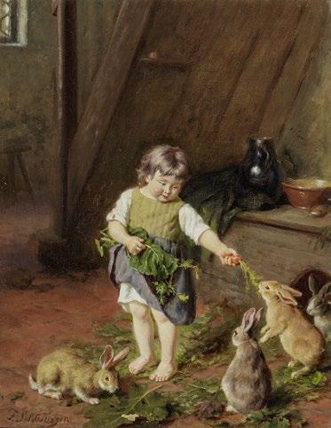 397 312543 / 42028-1 Felix Schlesinger 1833 Hamburg 1910 ebenda Mädchen beim Hasen füttern L. u. signiert. Öl auf Lwd. 37 29 cm. Min. rest. Farbabsplitterungen. Rahmen min. besch.