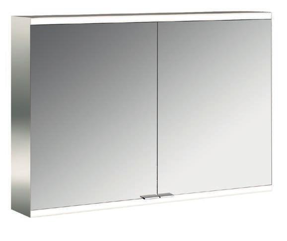 DESIGN Alle Vorteile auf einem Blick: waagerechte Beleuchtung hochwertiger Aluminiumkorpus Doppelspiegeltüren mit verchromten, aufgesetzten Griffen stufenlos verstellbare Glasablagen verspiegelte