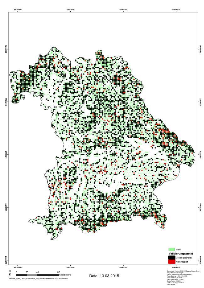 Baumartenkarte Fichte/Kiefer: Validierung Auswahl von 4178 Quadraten (0,1 x 0,1 km) verteilt über die Waldfläche Bayerns im Raster 2,5 x2,5 km