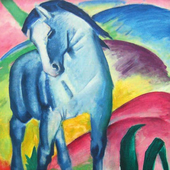 Franz Marc, Blaues Pferd I, 1911, Öl auf Leinwand, 112 x 84,5 cm, (Detail) Blaues Pferd & gelbe Kuh 53 Franz Marc malte mit ausdrucksstarken und leuchtenden Farben, um seine Gefühle auszudrücken.
