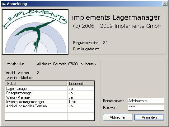 Screenshots Lagermanager, Stand 07/2009