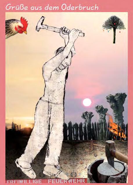 Postkartenserie von Antje Scholz Vier Postkarten als Collagen aus Fotos vom mittleren Oderbruch und Grafiken Antje Scholz aus Ortwig hat mit ihrem kleinen Postkartenzyklus Feuer, Wasser, Luft und