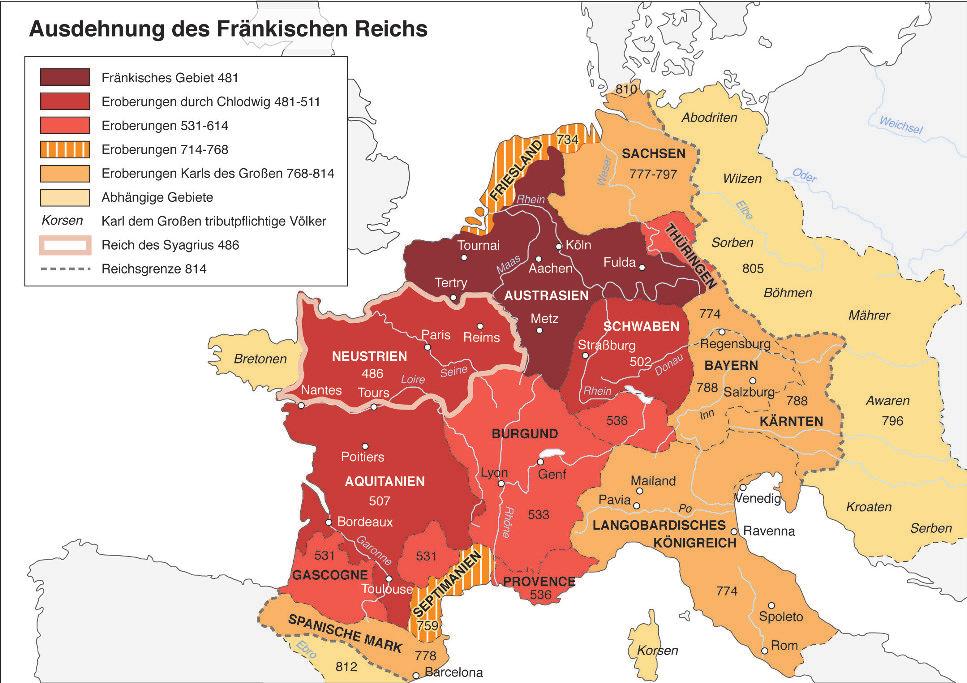 8 von 30 Das Frankenreich (Klasse 6) Mittelalter Beitrag 13 III M 2 Die Franken erobern Europa Das Frankenreich, aus dem später Frankreich hervorgeht, gilt als eine Art Vorgänger des heutigen Europa.
