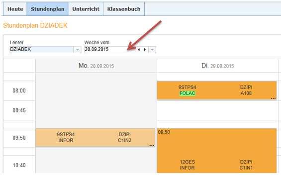 1.6 Prüfungen eintragen Menü < Stundenplan > < Lehrer > auswählen (oder < Stundenplan > < Klasse >) Woche auswählen in der die Prüfung oder der Test geschrieben